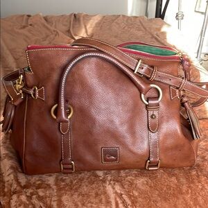 Dooney & Bourke Brown Leather Satchel with Red & Green Trim